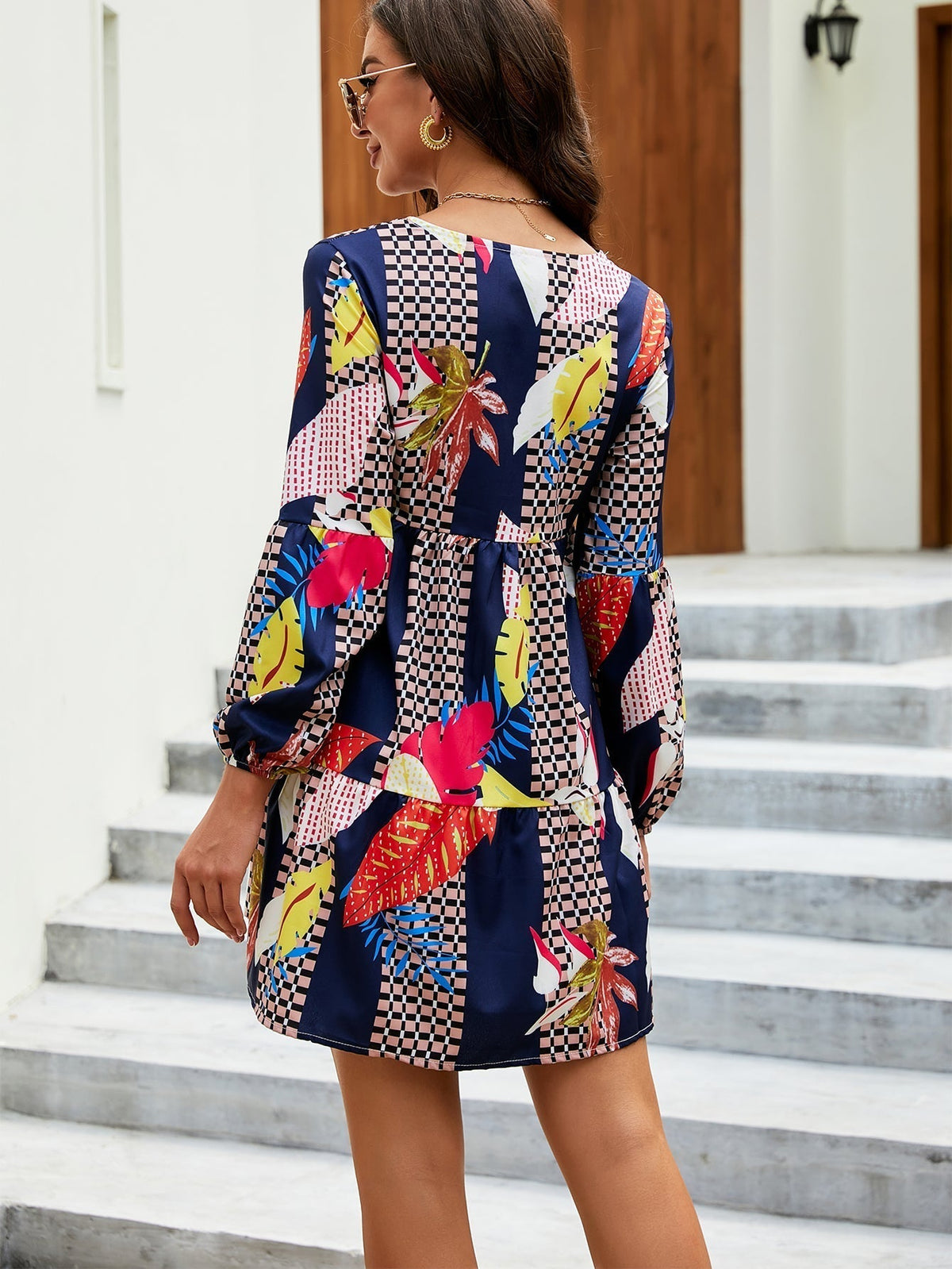 Leaf Print V-Neck Long Sleeve Tiered Babydoll Mini Dress