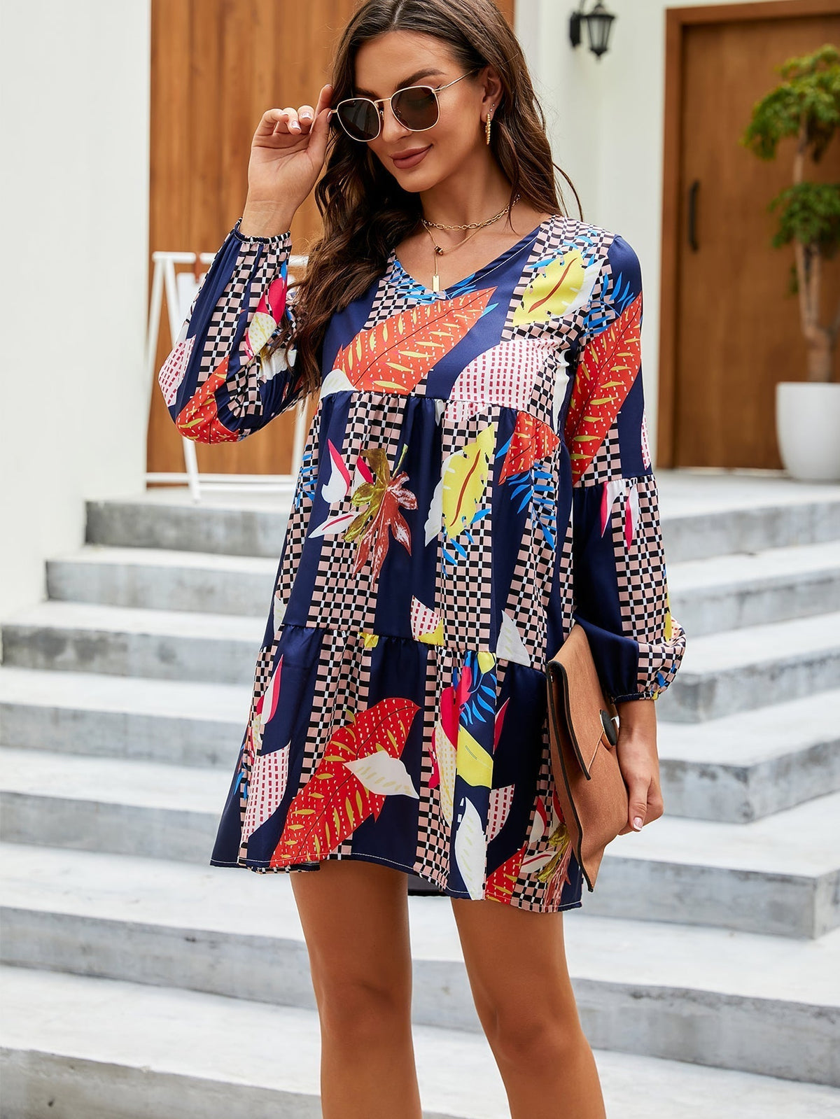 Leaf Print V-Neck Long Sleeve Tiered Babydoll Mini Dress