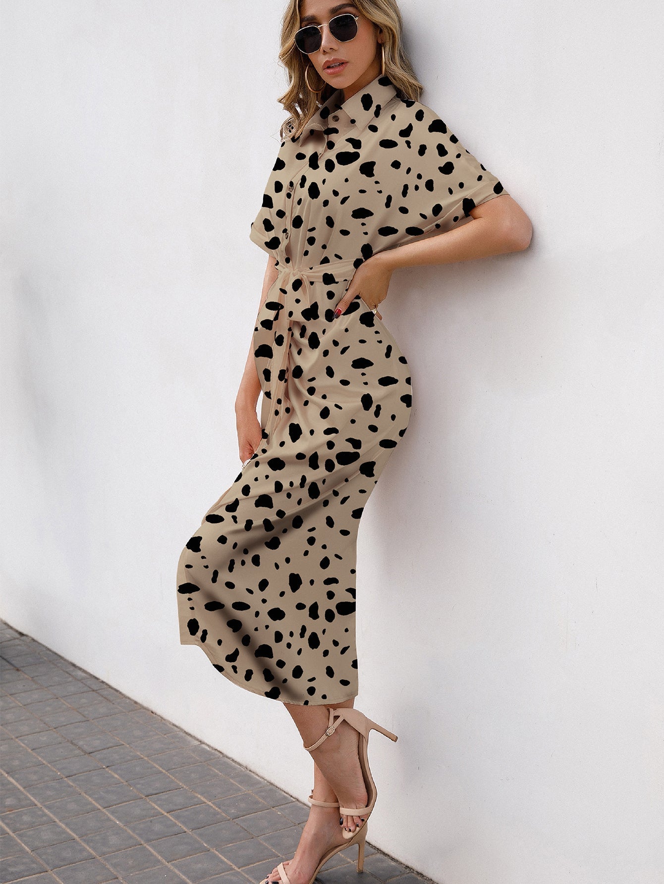 Allover Print Button Up Tie Front Shirt Dress - Fashionpara