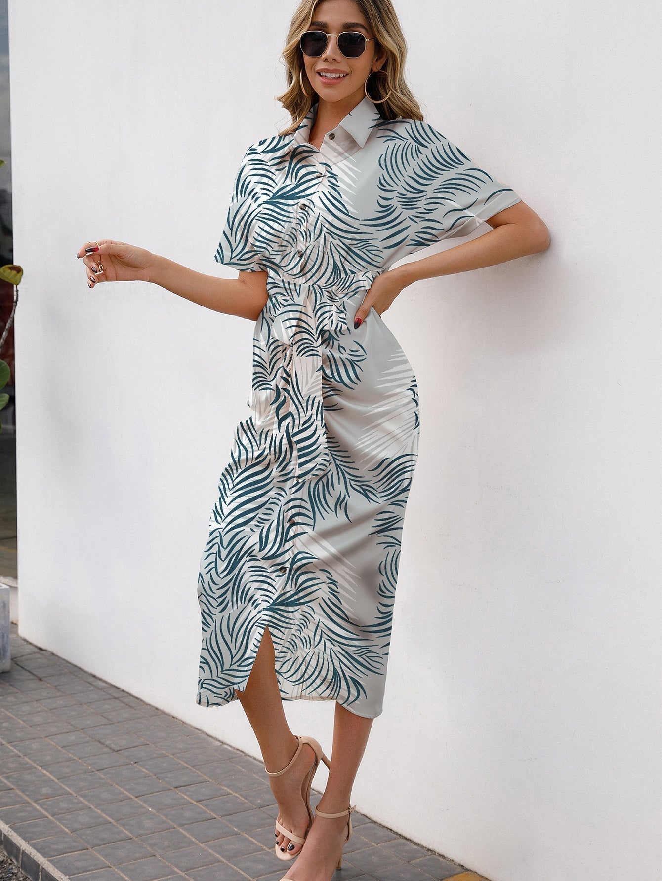 Allover Print Button Up Tie Front Shirt Dress - Fashionpara