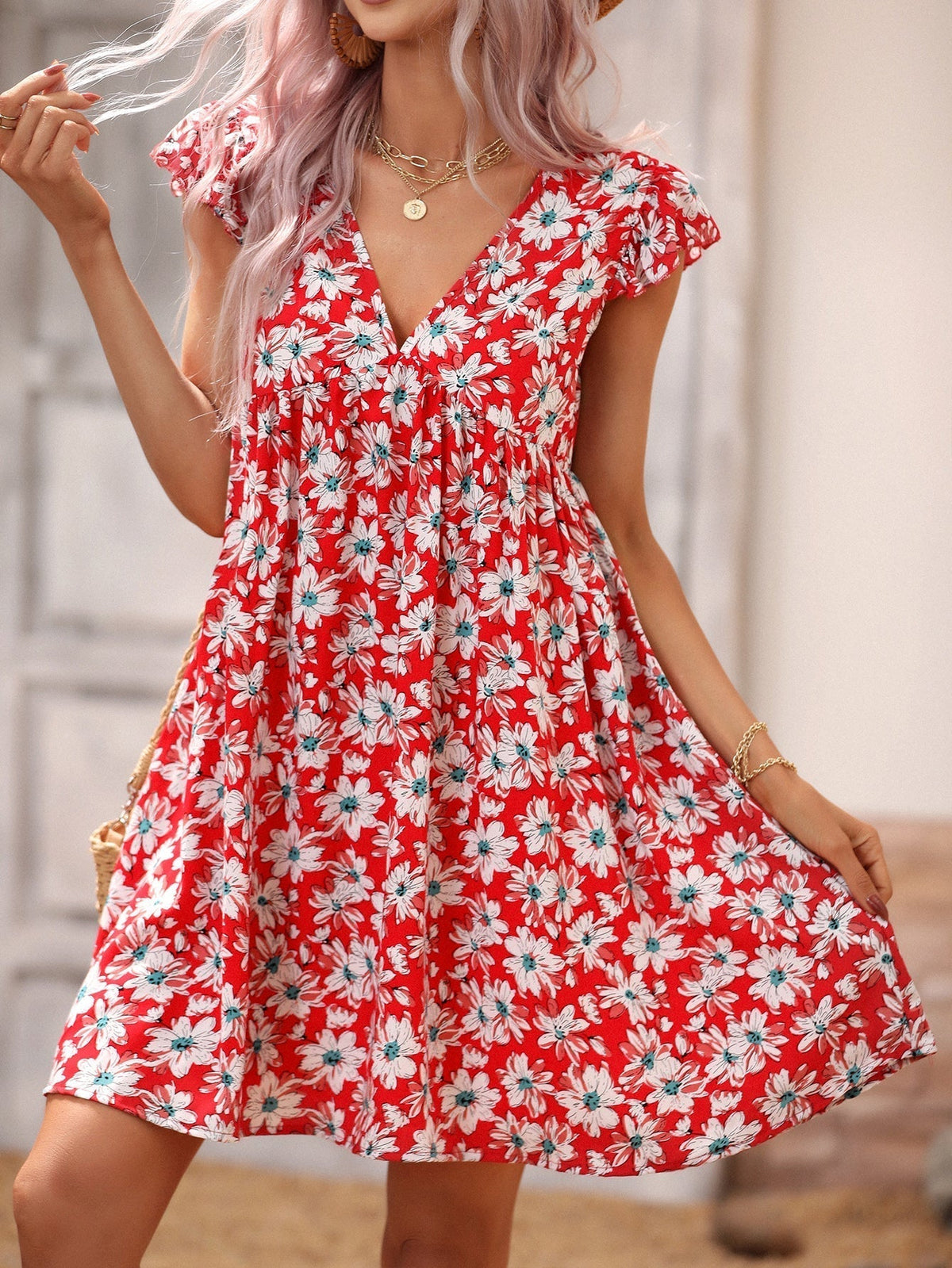 KittenAlarm - Allover Print V Neck Smocked Flare Dress