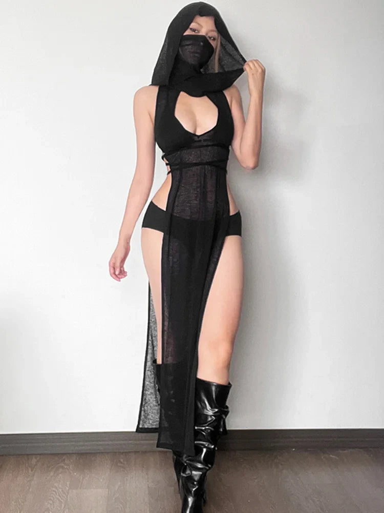 Transparent Excavated Hooded Full-Length Dress