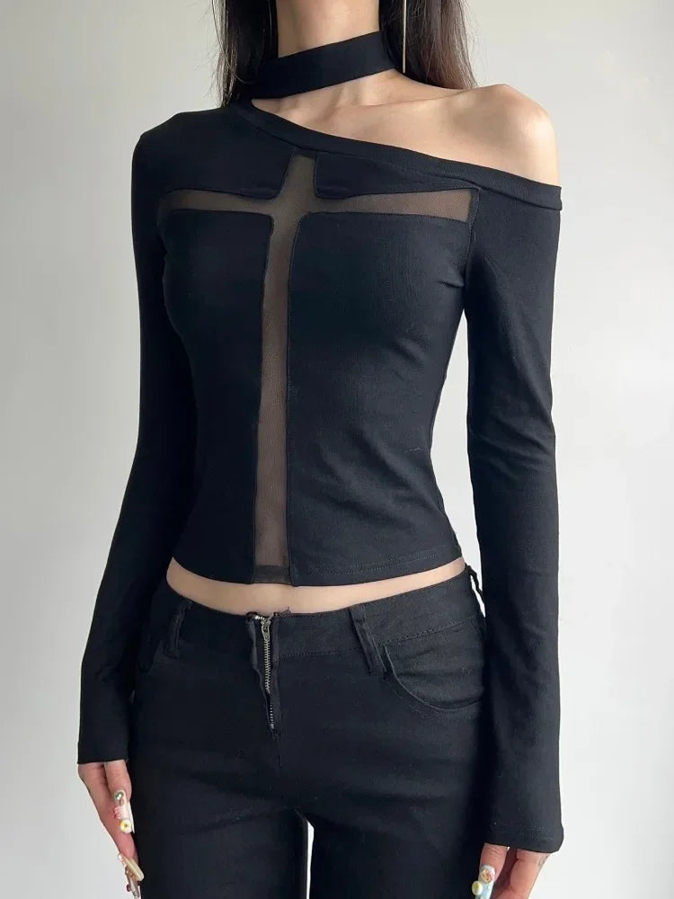 Intersecting Net Patchwork Knit Top