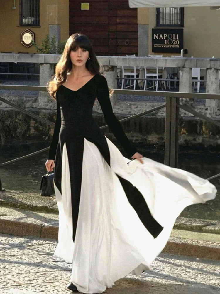 Patchwork Border Long Sleeve Full-Length Dress