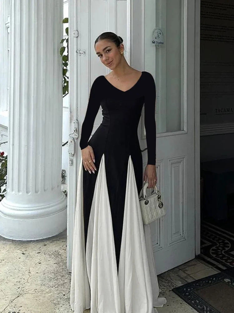 Patchwork Border Long Sleeve Full-Length Dress