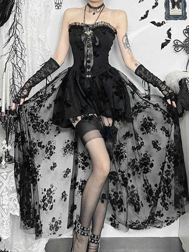 Obscure Blooms Net Bodice Midi Dress