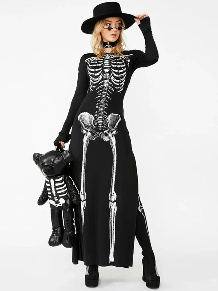 Skull Print Divided Sleeve Full-Length Dress