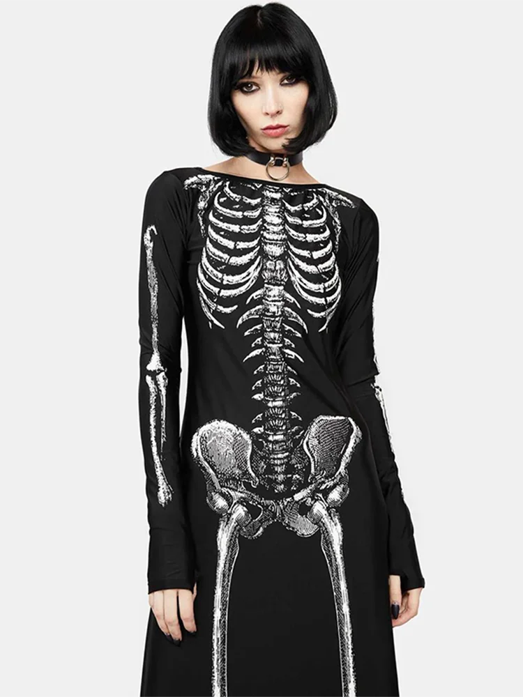 Skull Print Divided Sleeve Full-Length Dress