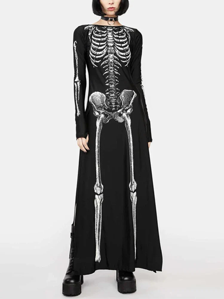 Skull Print Divided Sleeve Full-Length Dress