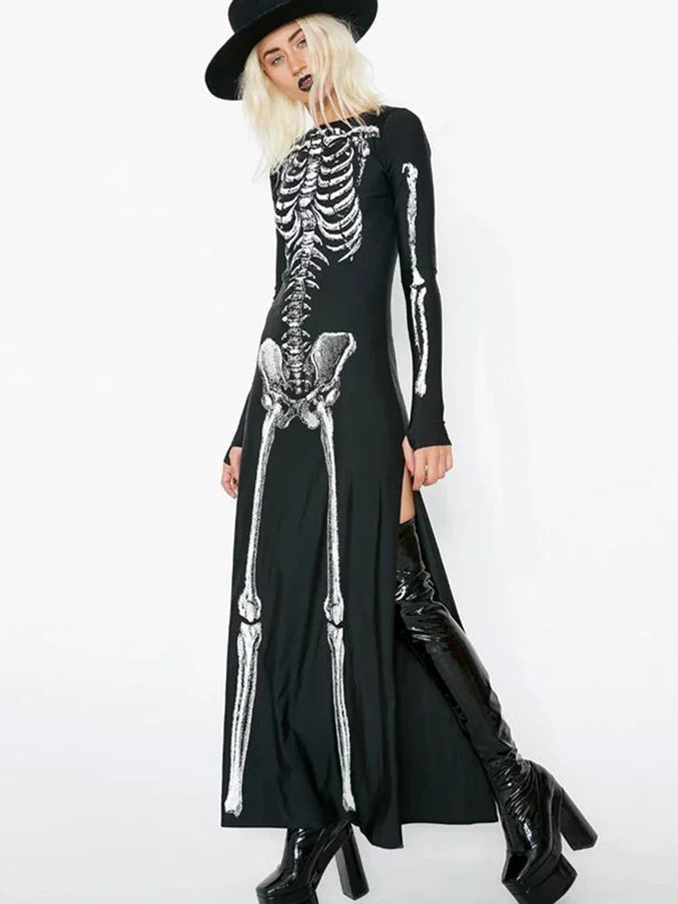 Skull Print Divided Sleeve Full-Length Dress
