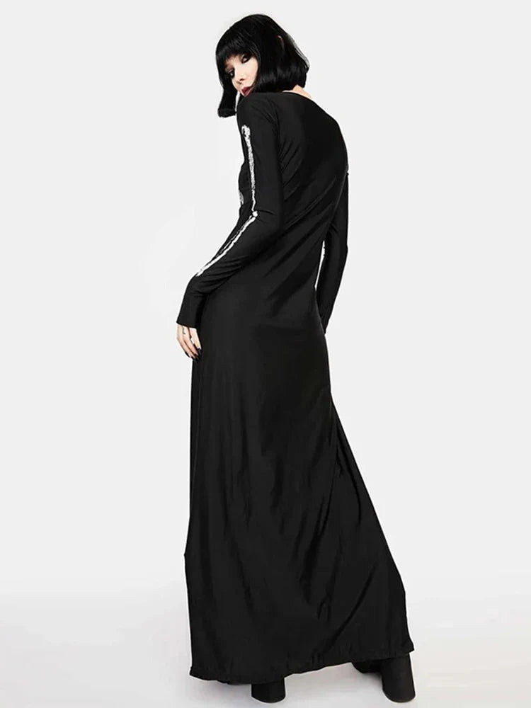 Skull Print Divided Sleeve Full-Length Dress