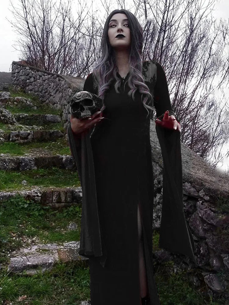 Antique Halloween Lace Patchwork Flare Sleeve Maxi Attire