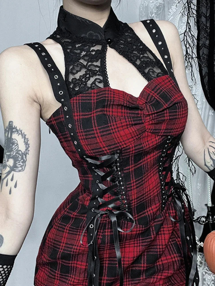 Crimson Tartan Lace Patchwork Full-Length Gown