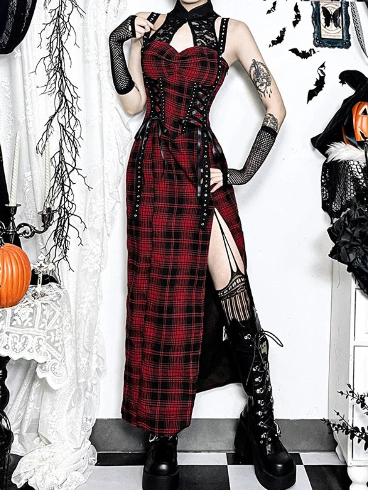 Crimson Tartan Lace Patchwork Full-Length Gown