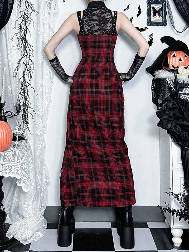 Crimson Tartan Lace Patchwork Full-Length Gown