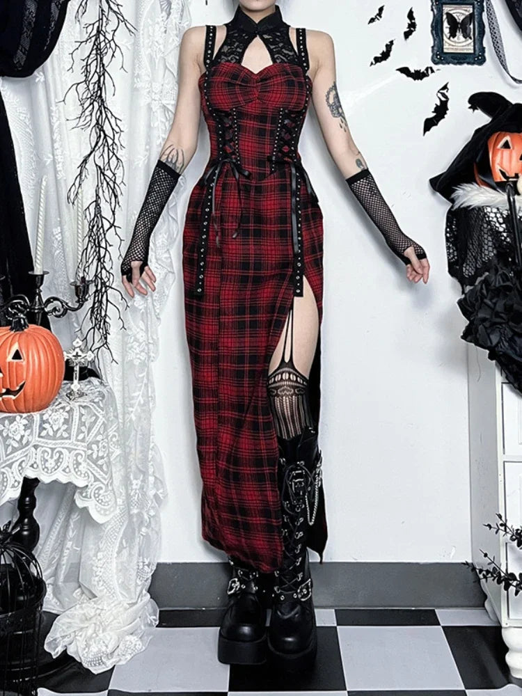 Crimson Tartan Lace Patchwork Full-Length Gown