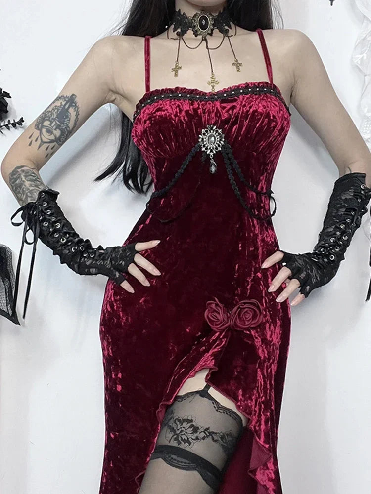 Crimson Velvet Separated Spaghetti Strap Midi Dress