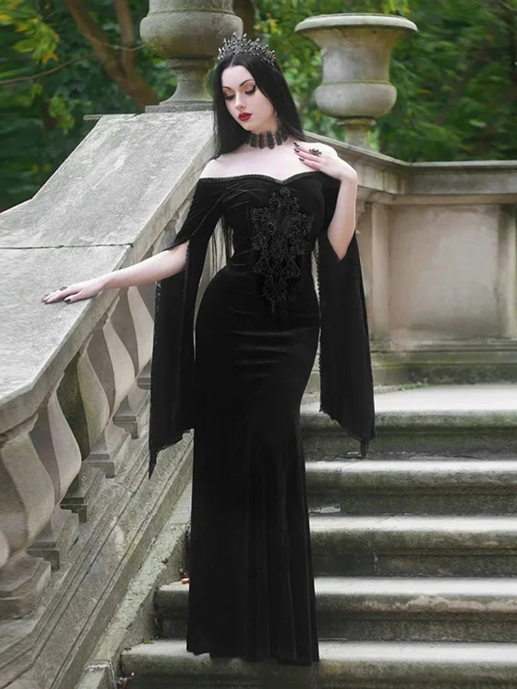 Obscure Velvet Needlework Off-Shoulder Full-Length Dress