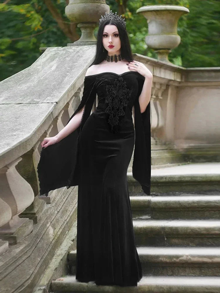 Obscure Velvet Needlework Off-Shoulder Full-Length Dress
