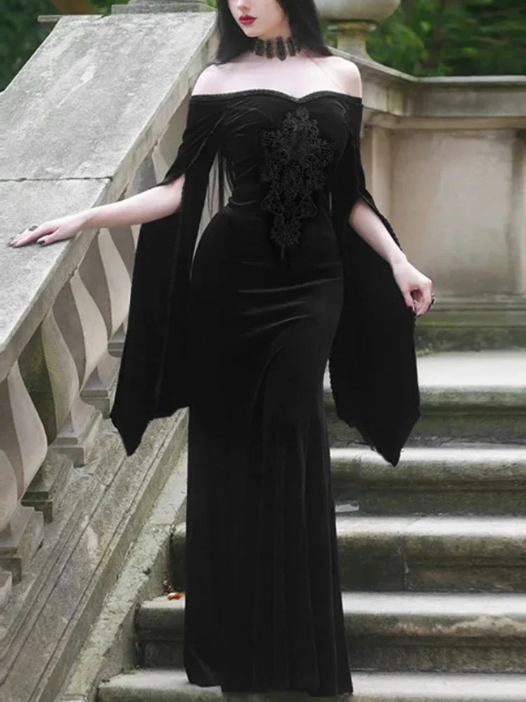 Obscure Velvet Needlework Off-Shoulder Full-Length Dress