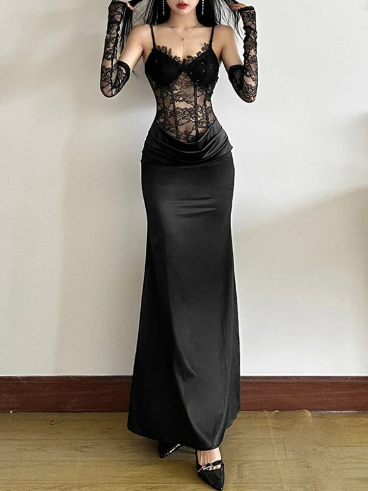 Seductive Bodice Lace Patchwork Elevated Waist Full-Length Dress