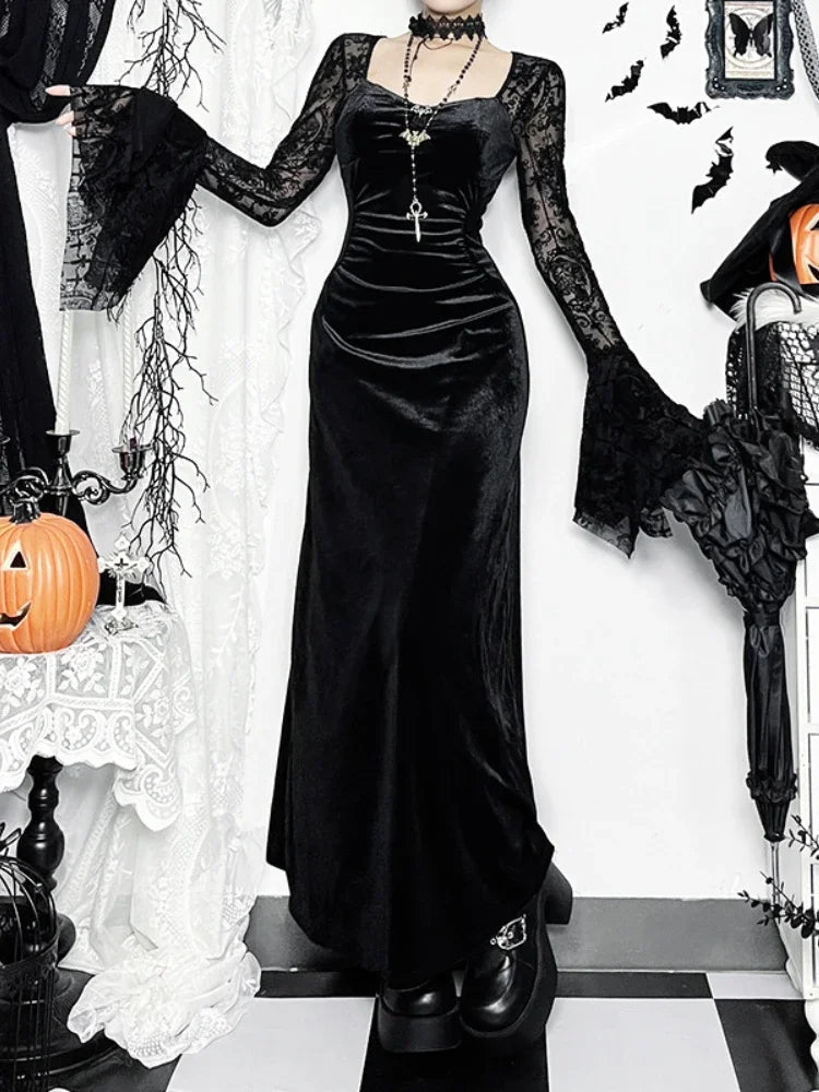 Antique Flare Sleeve Square Collar Full-Length Dress