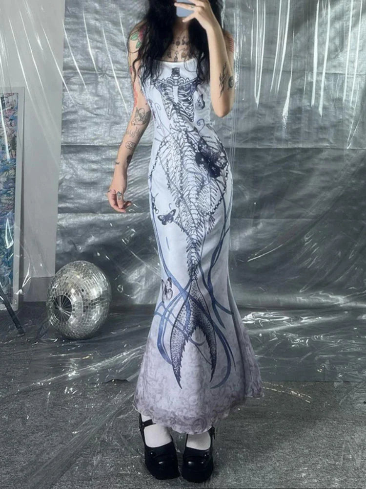 Emotional Y2K Butterfly Printed Tall Waist Full-Length Dress