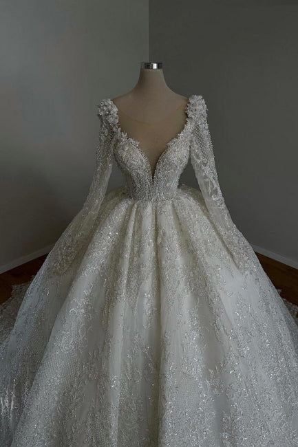 Amazing Long Princess A-line V-neck Lace Beaded Wedding Dress with Long Sleeves - Fashionpara