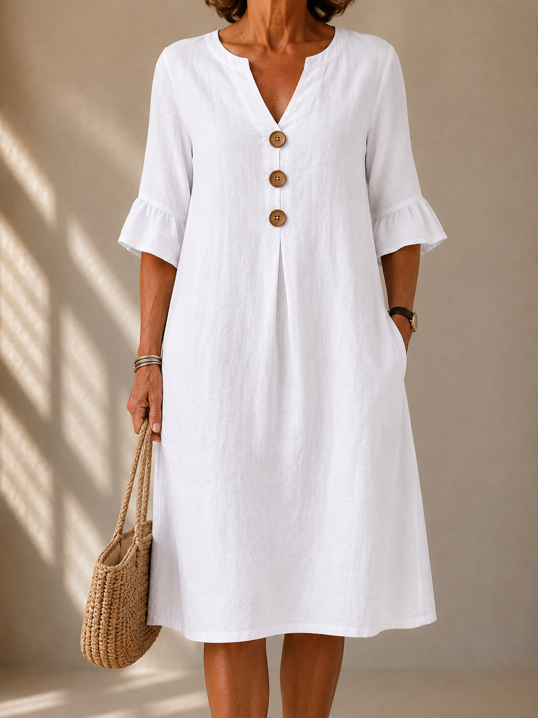 Notch Neck Flutter Sleeve Button Front Shift Midi Dress