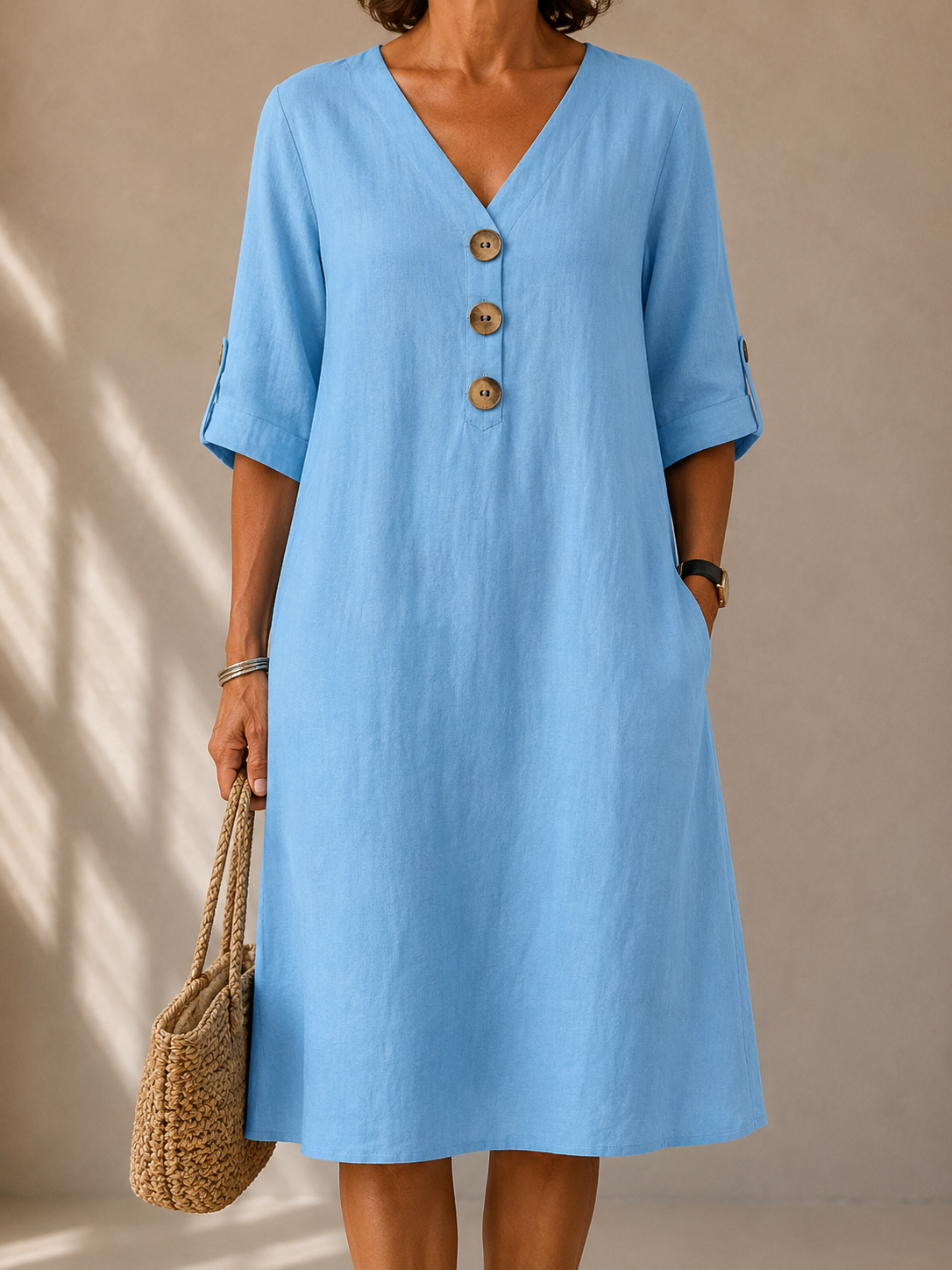 V-Neck Button Front Roll Sleeve Linen Look Midi Dress