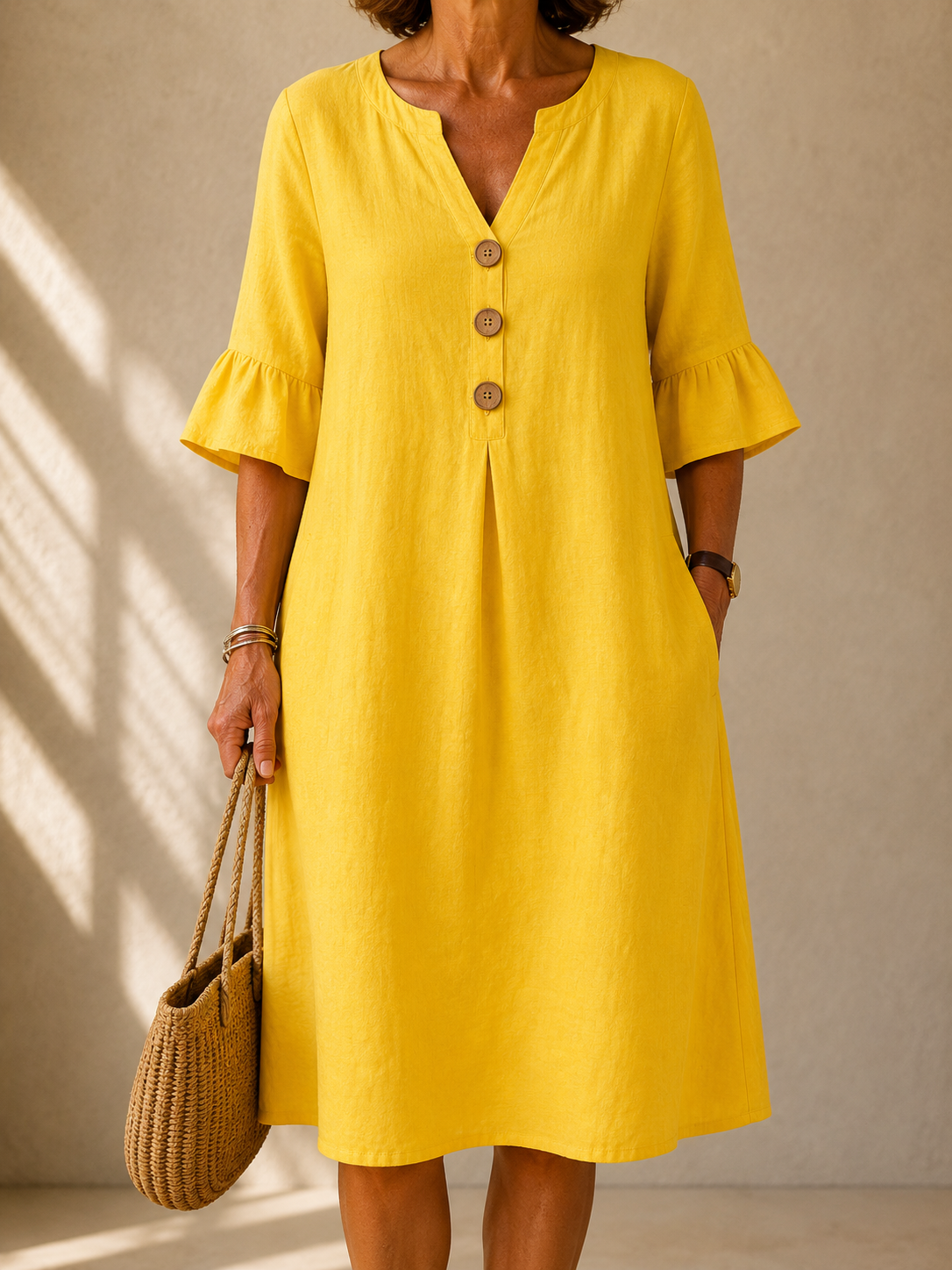 Notch Neck Bell Sleeve Button Front Pocket Midi Dress