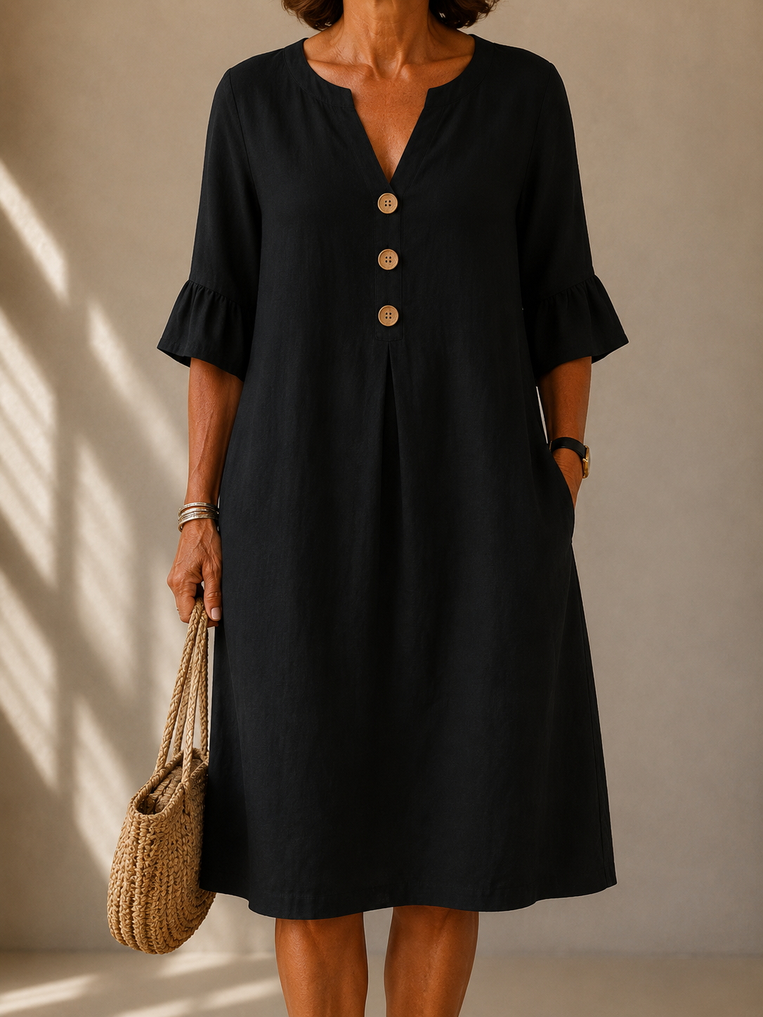 V-Neck Ruffle Sleeve Button Front Midi Dress