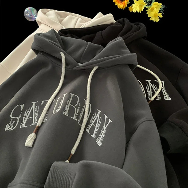 American Flame Print Fleece Y2K Hoodie