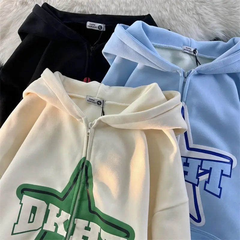 Star Print Retro Zipper Hoodie