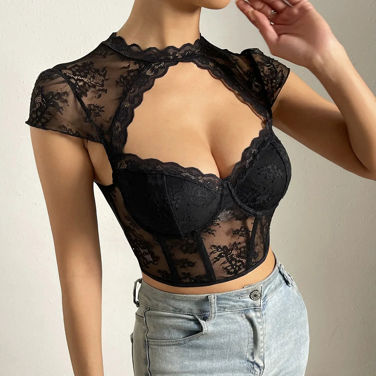 Retro Flower Lace Fishbone V-neck Crop Top