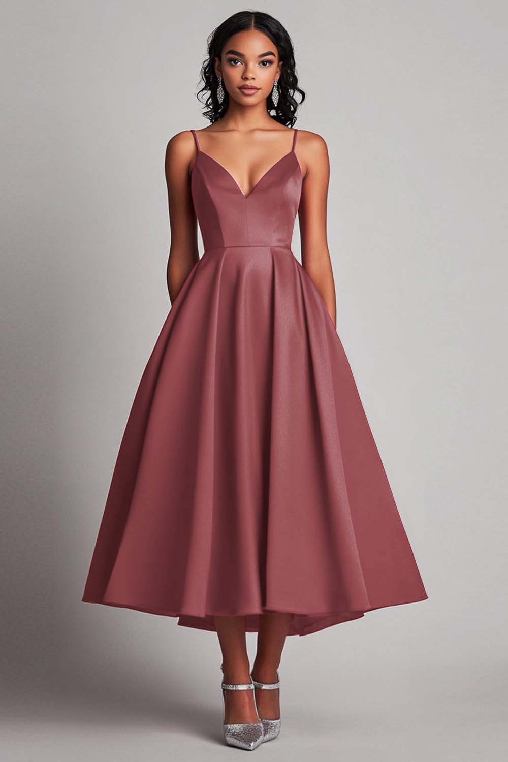 Red Satin A-Line Tea Length Formal Dress - Fashionpara