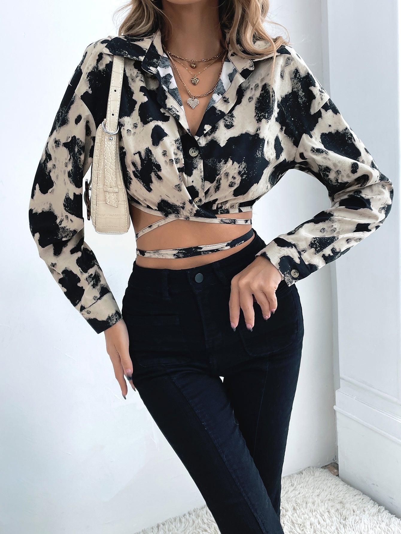 Animal Print Button Up Self Waist Tie Crop Blouse - Fashionpara