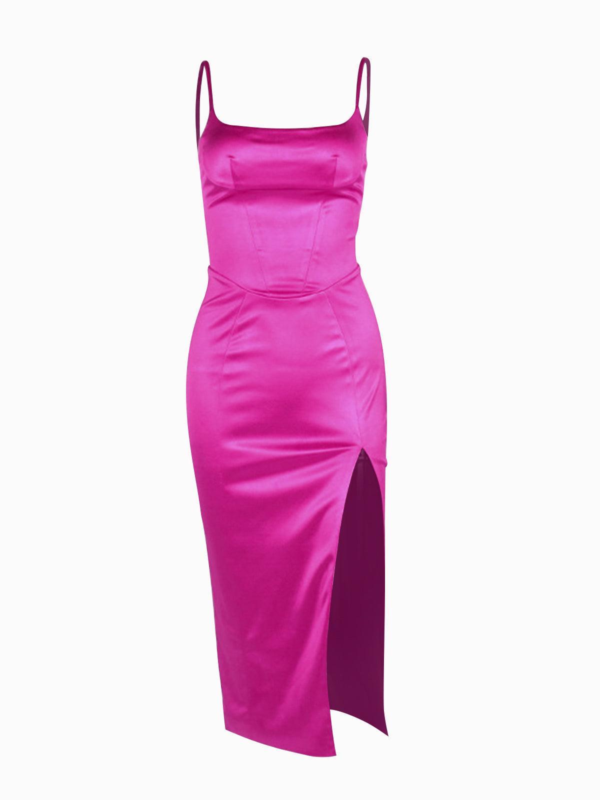 Annie Satin Midi Dress In Hot Pink