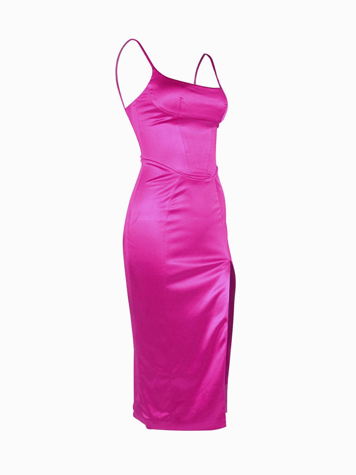 Annie Satin Midi Dress In Hot Pink