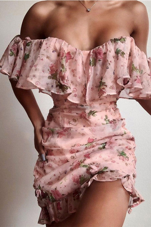 Applique Off Shoulder Ruffled Chiffon Dress - Mislish