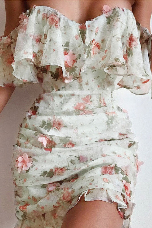 Applique Off Shoulder Ruffled Chiffon Dress - Mislish