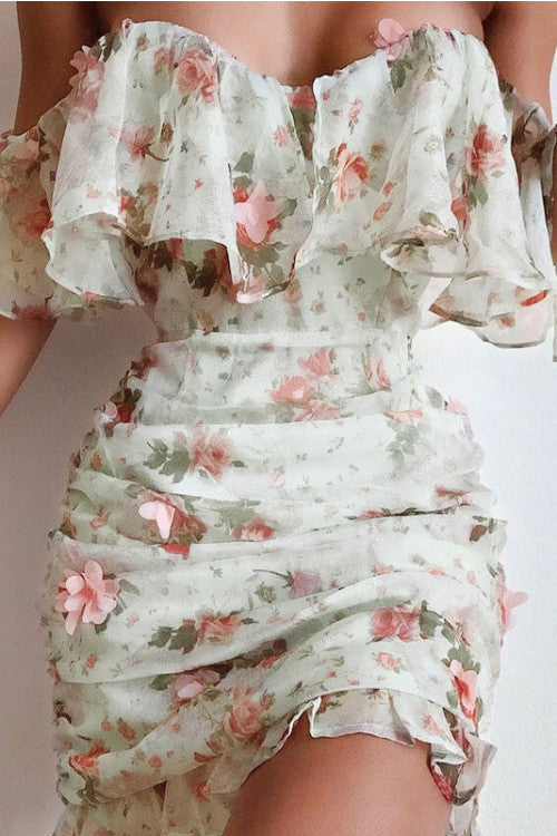 Applique Off Shoulder Ruffled Chiffon Dress - Mislish