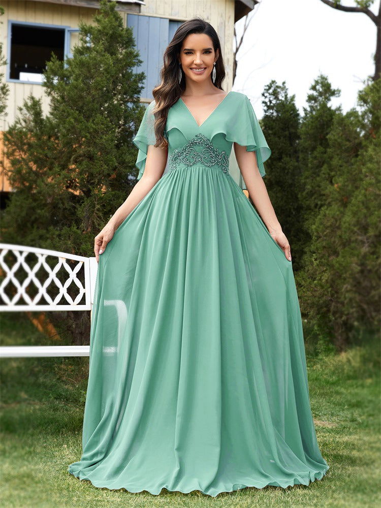 Chiffon V-Neck Flutter Sleeve Lace Waist A-Line Maxi Dress - View 2