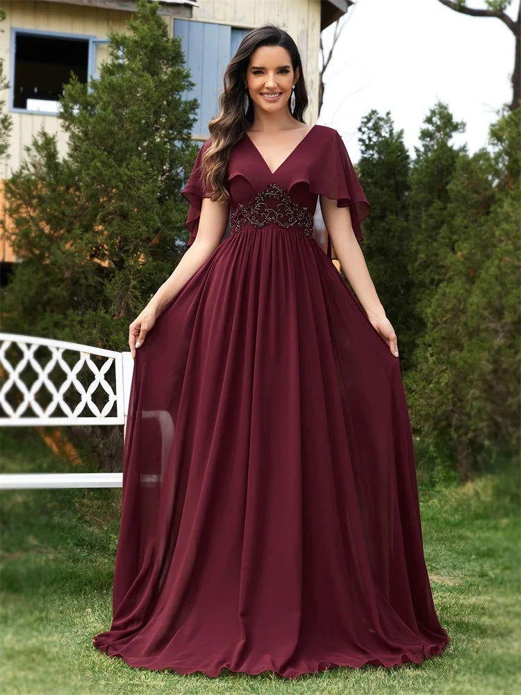 Chiffon V-Neck Flutter Sleeve Lace Waist A-Line Maxi Dress - View 3