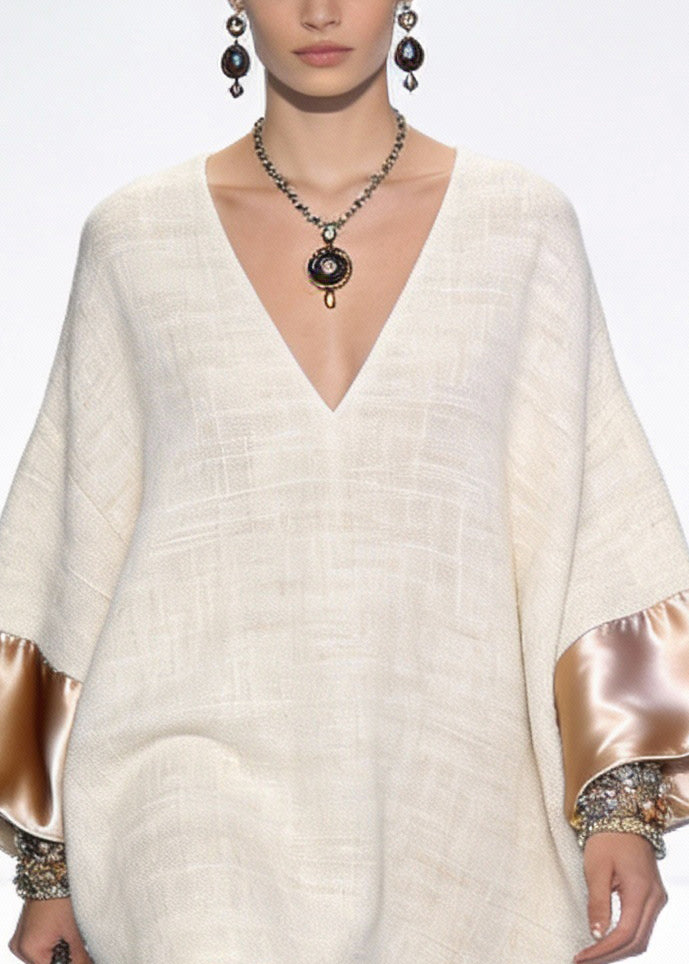 V-Neck Bell Sleeve Satin Panel Beaded Cuff Woven Patchwork Mini Dress - View 2