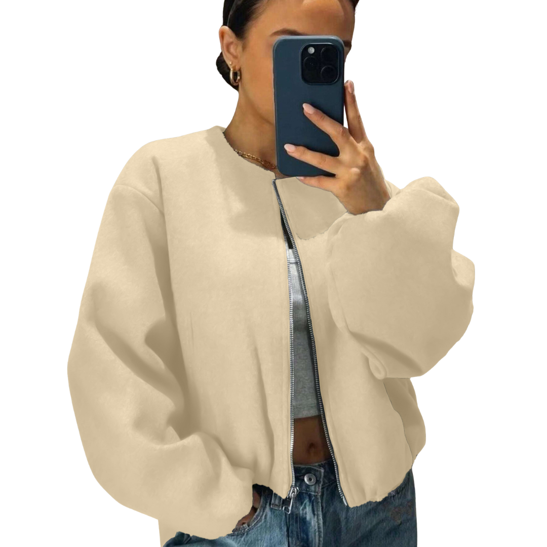 Round Neck Zip Front Drop Shoulder Cropped Bomber Jacket 4