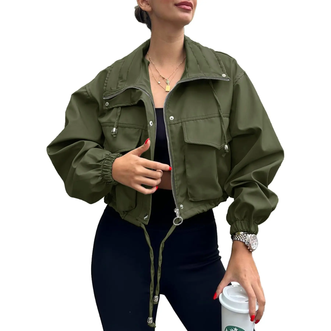 Zip Front Stand Collar Cargo Pocket Cropped Jacket 4