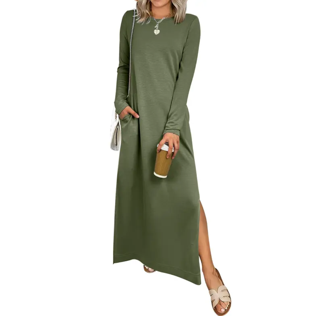 Crew Neck Long Sleeve Side Split Maxi Dress 2