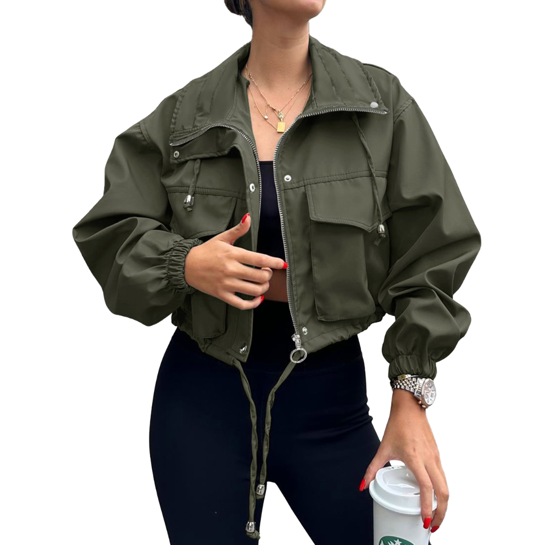 Drawstring Hem Zip Front Cropped Utility Jacket 4