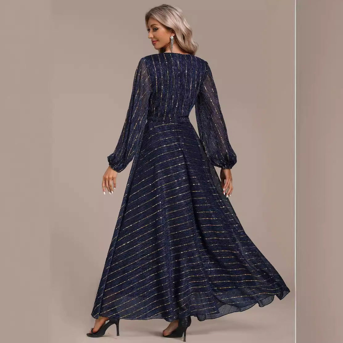 Sequin Pinstripe V-Neck Lantern Sleeve Pleated A-Line Maxi Dress - View 2